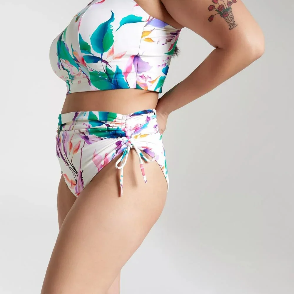 NWT CALIA Women's High Waisted Ruched Side Tie Swim Bottoms